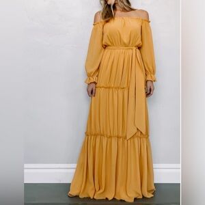 -Zanzea Bohemian Off Shoulder Peasant  Golden Yellow Oversize Maxi Dress Small